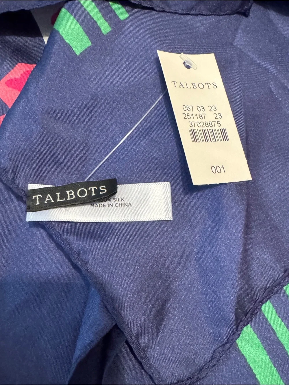 NWT Vintage Talbots 100% Silk Scarf Fuchsia Pink Floral Navy Green Striped
